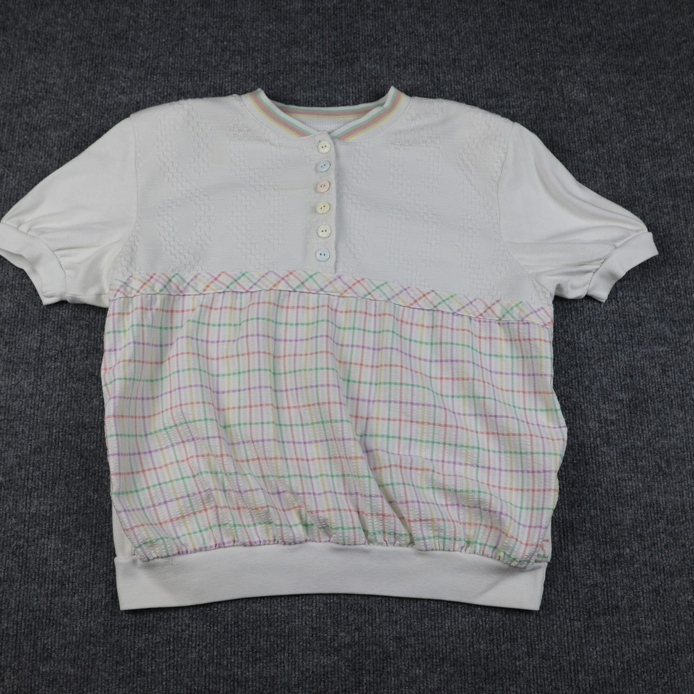 VINTAGE Cricket‎ Lane Shirt Womens Large Pastel Plaid Henley Short Sleeve 80s